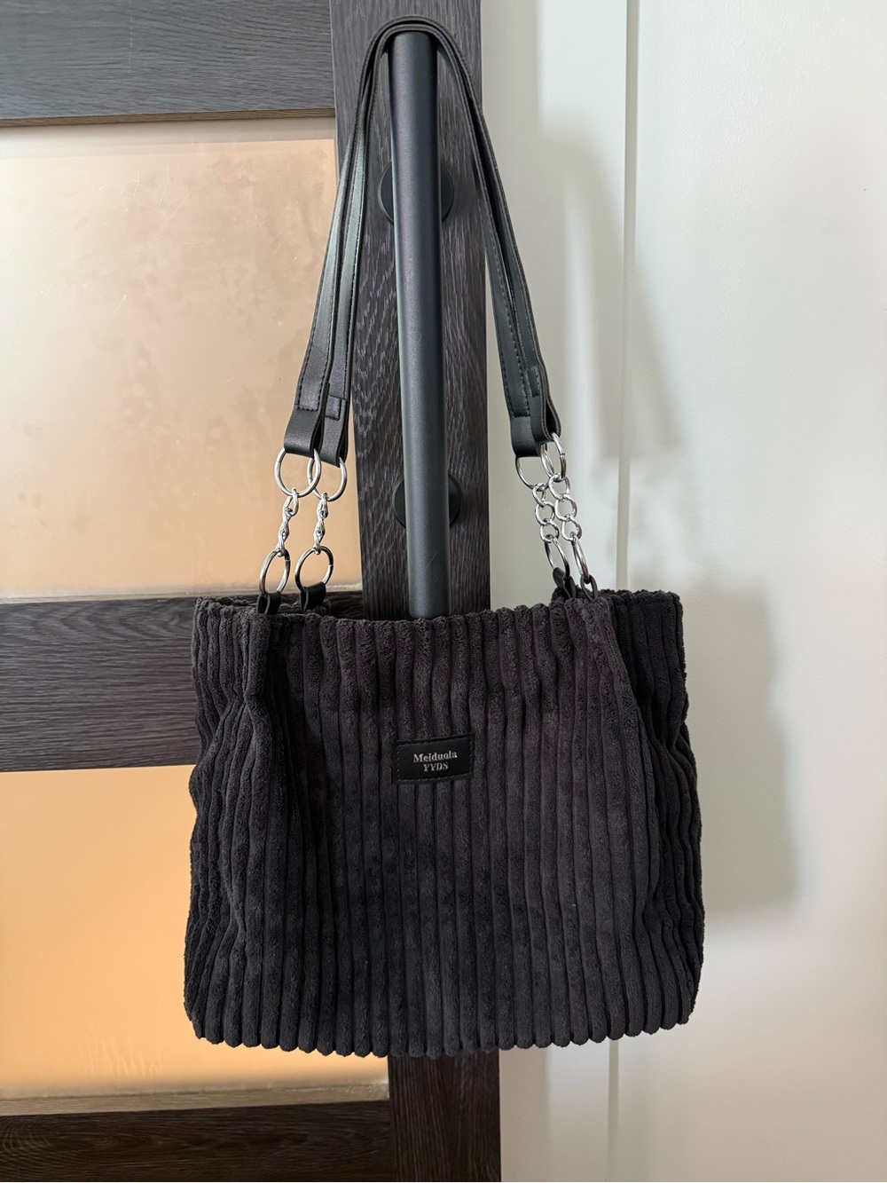 Meiduola Black Corduroy Shoulder Tote Bag